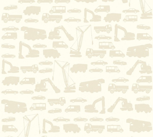 Kinder Vliestapete Bagger LKW Autos creme beige