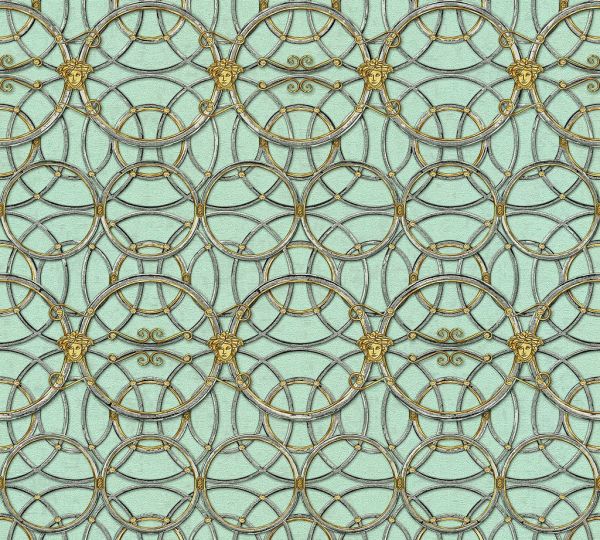Tapete grafische Kreise Medusa grün gold metallic Versace