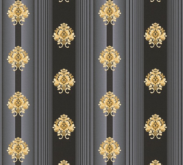 Vliestapete Streifen Barock Floral schwarz gold 330846