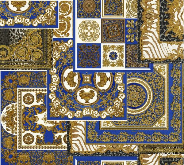 Versace 4 Patchwork Ornament Kacheln Tapete blau metallic
