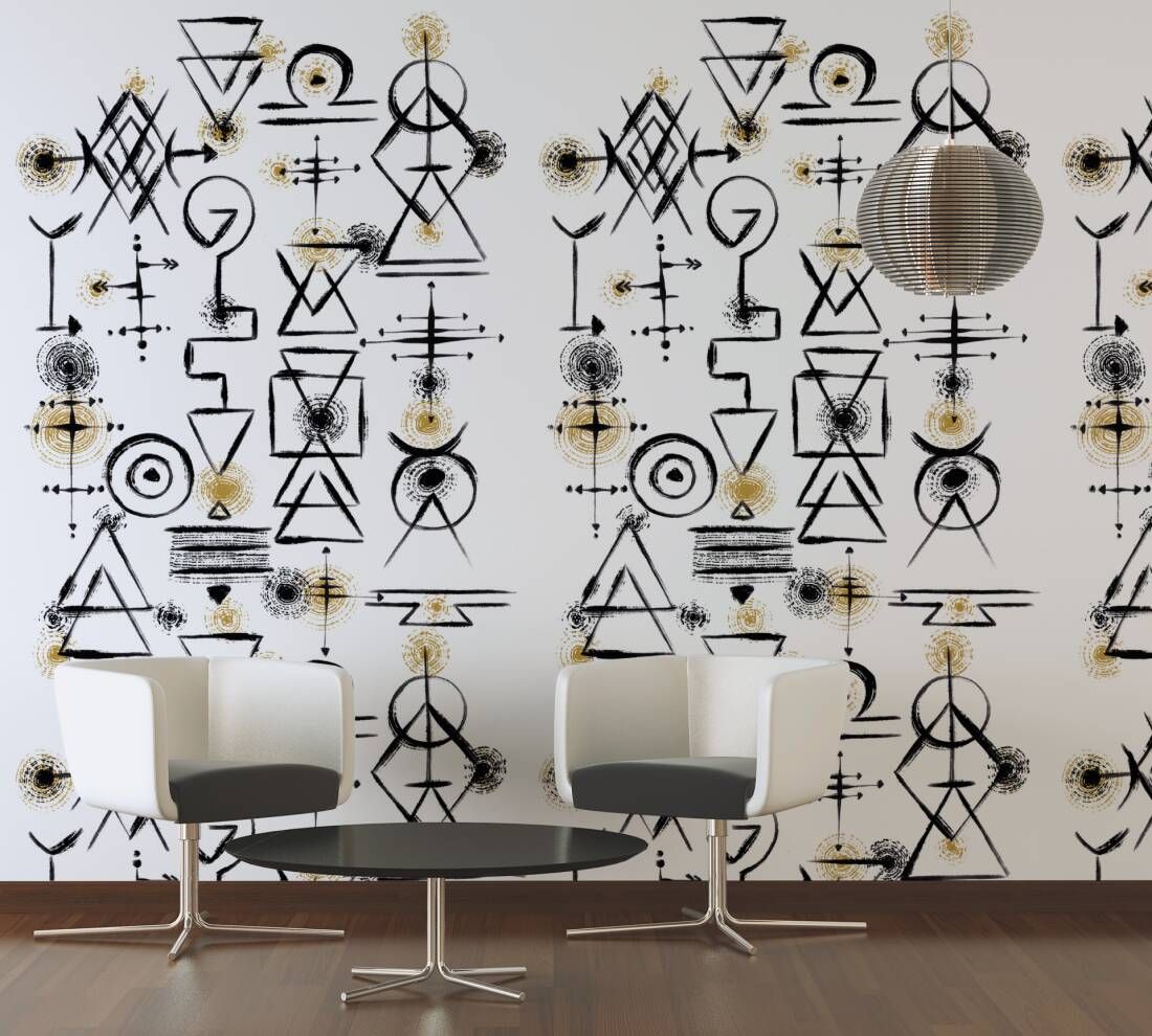 Vlies Fototapete abstrakte Symbole weiß schwarz gold 159cm x 280cm 391981 Vlies Fototapete abstrakte Symbole weiß schwarz gold 159cm x 280cm 391981