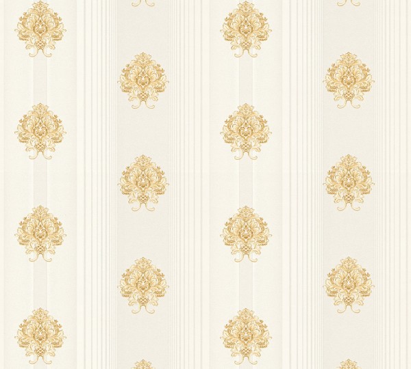 Vliestapete Streifen Barock Floral creme gold