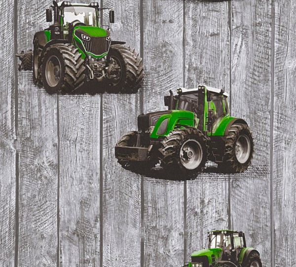 Kinder Vliestapete Traktor Trecker Holz Muster grau grün