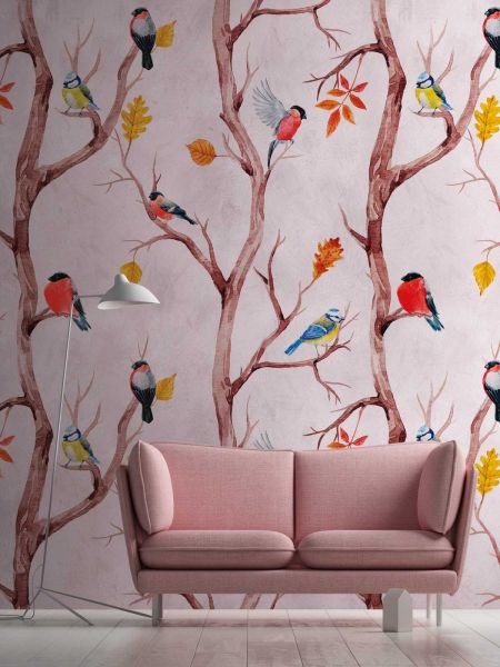 Fototapete Aquarell Vogel Motiv Bäume pink 159cm x 280cm 38230-1