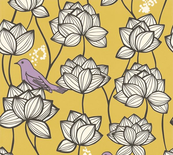 Vliestapete Blumen Vögel gelb weiß lila