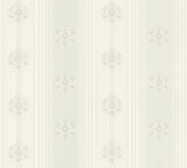 Vliestapete Streifen Barock Floral weiß silber