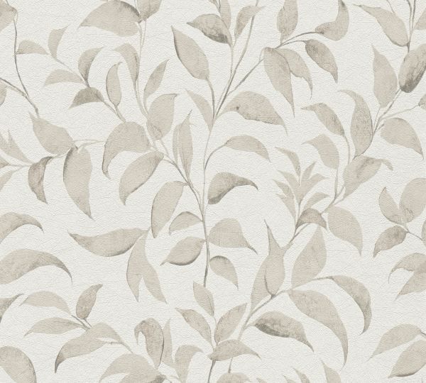 Vliestapete floral Blätter schimmernd Struktur weiß grau beige 389622