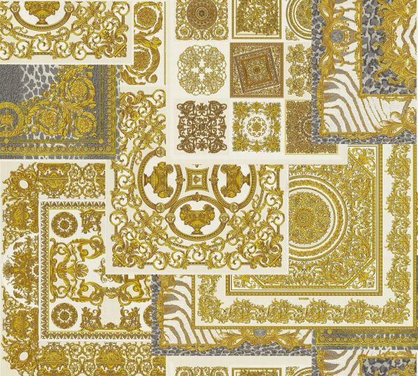 Versace 4 Patchwork Ornament Kacheln Tapete braun gold metallic