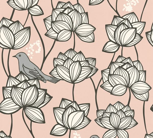 Vliestapete Blumen Vögel rosa weiß grau