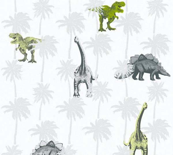 Kinder Vliestapete Dinosaurier Dinos weiß grau grün