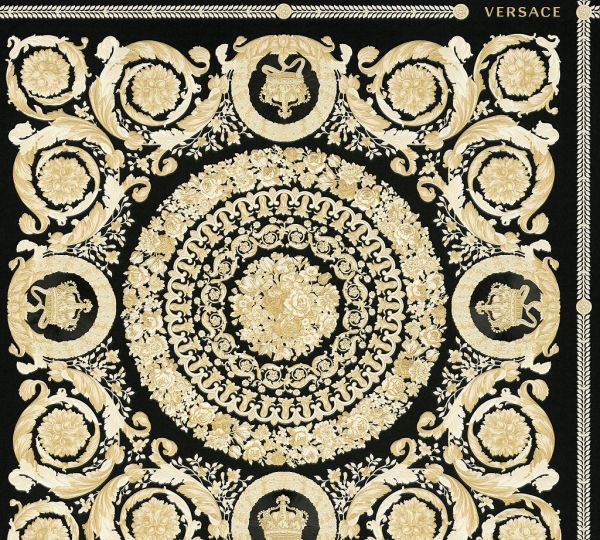 Florales Ornament Kacheln Tapete schwarz beige gold metallic Versace