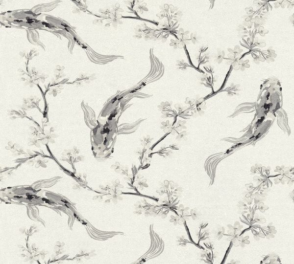 Vliestapete Asia Kirschblüten Koi Karpfen schwarz weiß 37462-2