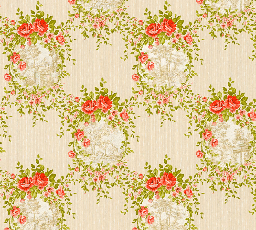 Vlies Tapete Blumen Ornament Floral Landhaus beige grün rot 34499-1 Chateau  5 | eBay