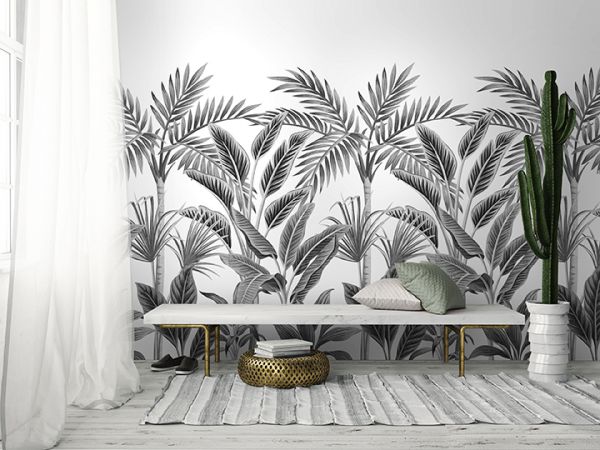 Vlies Fototapete tropische Palmblätter schwarz weiß Wald Wandbild 1,59m x 2,80m A40801