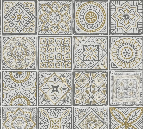 Vliestapete florales Mosaik Fliesenoptik gold weiß schwarz 389212